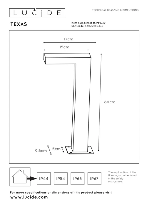 Lucide TEXAS - Sokkellamp - LED - 1x7W 3000K - IP54 - Antraciet - technisch